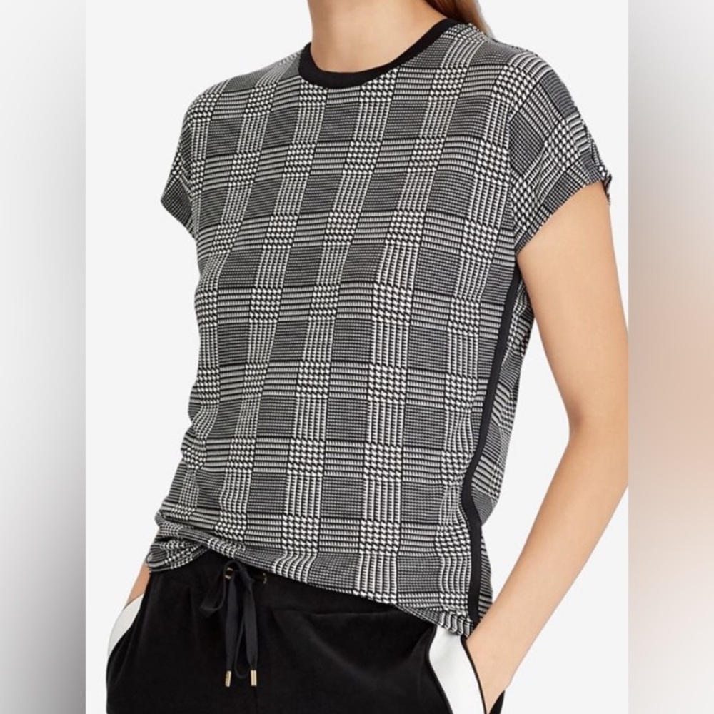 Lauren Ralph Lauren Black & White Houndstooth Grosgrain Ribbon Top SZ L